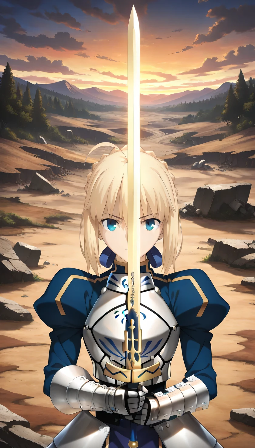 {{{masterpiece}}}, (best quality:1.5), (ultra-detailed:1.5), {illustration}, {{an extremely delicate and beautiful}}, (beautiful detailed eyes:1.5), absurdres, highres, extremely detailed face, 16k, hd, visual anime de uma jovem mulher, extremamente bonito rosto de anime, anime melhor garota, (perfect hands, perfect anatomy), anime face, Artoria Pendragon(Fate stay night), saber (fate), 1girl, solo, cute face, blonde hair, short hair, blue hair ribbon, braided bun, single hair bun, bangs, sidelocks, (green eyes:1.3), pale skin, medium breasts, big hips, curvaceous, BREAK, dress, blue dress, turtleneck, armored dress, armor, breastplate, long sleeves, puffy sleeves, gauntlets, gauntlets, long dress, BREAK, weapon, sword, glowing sword, glowing weapon, (holding sword:1.2), BREAK, cool face, expressionless, standing, legs apart, outdoor, (battlefield:1.3), evening, canyon, sky, mountain, daytime, ruins, forest, (wasteland:1.5), (upper body:1.3), peer in from below