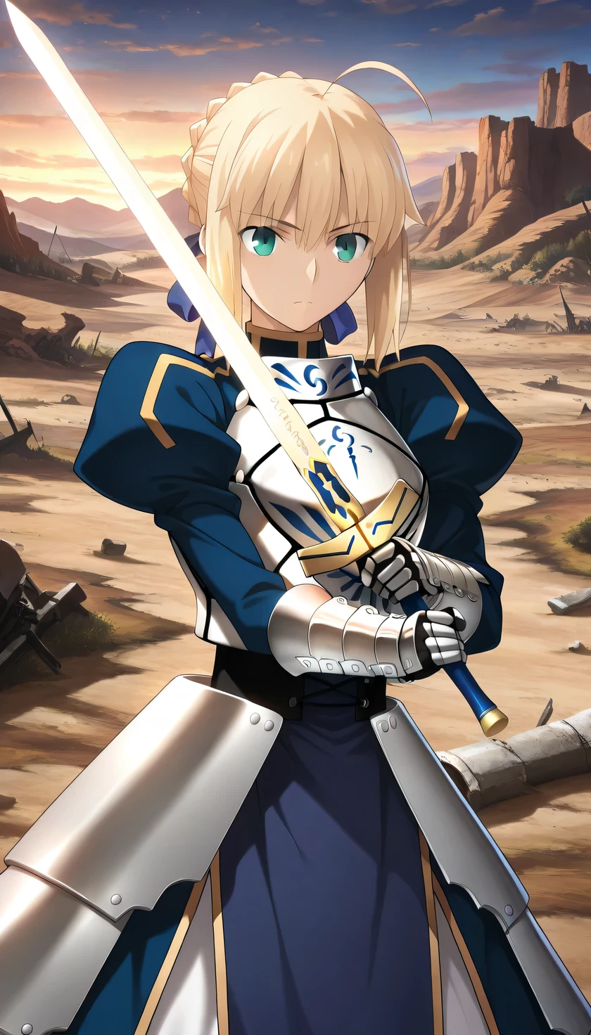 {{{masterpiece}}}, (best quality:1.5), (ultra-detailed:1.5), {illustration}, {{an extremely delicate and beautiful}}, (beautiful detailed eyes:1.5), absurdres, highres, extremely detailed face, 16k, hd, visual anime de uma jovem mulher, extremamente bonito rosto de anime, anime melhor garota, (perfect hands, perfect anatomy), anime face, Artoria Pendragon(Fate stay night), saber (fate), 1girl, solo, cute face, blonde hair, short hair, blue hair ribbon, braided bun, single hair bun, bangs, sidelocks, (green eyes:1.3), pale skin, medium breasts, big hips, curvaceous, BREAK, dress, blue dress, turtleneck, armored dress, armor, breastplate, long sleeves, puffy sleeves, gauntlets, gauntlets, long dress, BREAK, weapon, sword, glowing sword, glowing weapon, (holding sword:1.2), BREAK, cool face, expressionless, standing, legs apart, outdoor, (battlefield:1.3), evening, canyon, sky, mountain, daytime, ruins, forest, (wasteland:1.5), (upper body:1.3), peer in from below