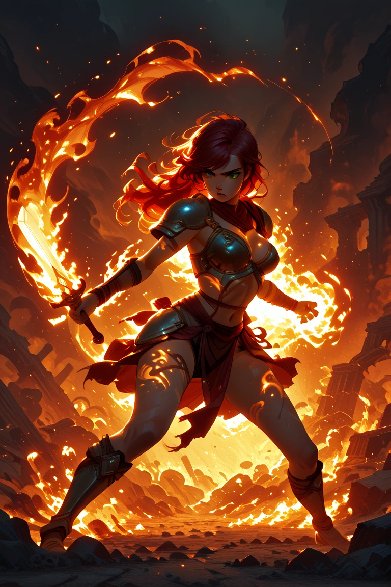 A beautiful woman is walking in the middle of a volcano, she's offering her hand, she's looking like a flame, shining bright, dressed in red with symmetrical designs and arabesques, adorned with bright orange lights, volcano scenario,masterpiece, highly detailed, 3d modelling, 4k resolution, abstract art, digital art, photographic