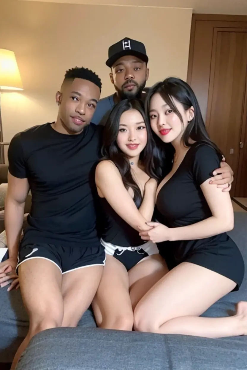 (Best Quality, 2k, Masterpiece, QHD: 1.3, A Handsome short haired african barbarian man is surrounded by three women up against him touching him and gaze at him, at a mansion, wearing Tracksuits that show off body, perfect bodies, women: long flowing hair, flowers in hair, seductive, materials, golden hour, , jewelry, golden hour, photorealistic, masterpiece, in love, small grin, perfect faces, Flirtatious-groping