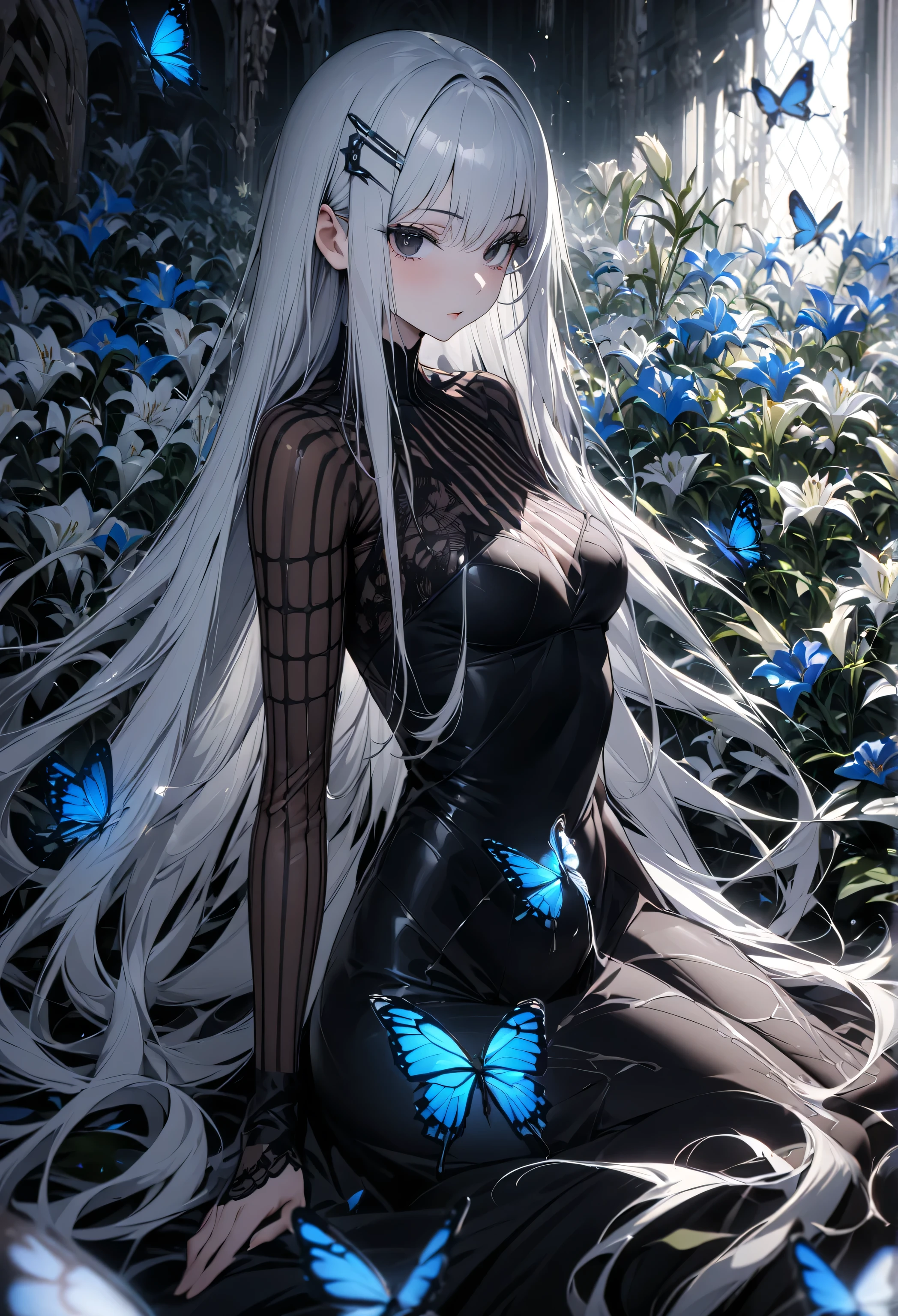 lay on flowers , the Greedy Witch Echidna , silver long thick bushy eyelashes, silver shining glossy silky straight hair, vivid and seductive expression, captivating large black eyes, beautiful eyes , wearing jet black tight long dress, blue butterfly hair clip, superlative great body proportion,  small breast , transparent, lily field , background sanctuary , professional and perfect composition, extremely delicate depiction, extremely clear image, various effects, bold and dynamic, contrasts of light and shadow, ultra detailed, absolutely resolution, masterpiece