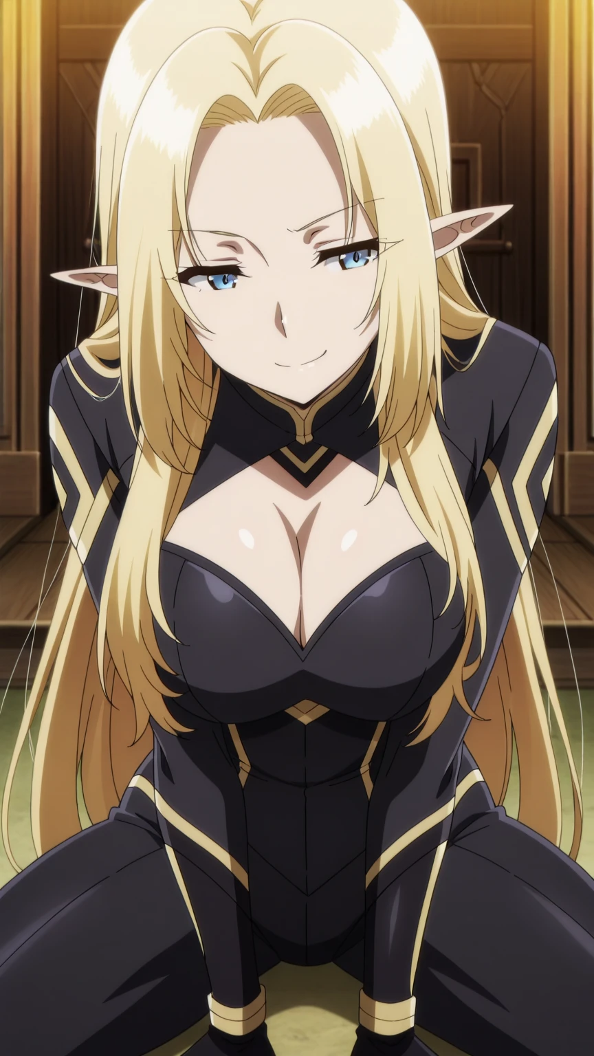 (Upper Body:1.4),(masterpiece:1.4),Medium Shot,anime,masterpiece,gravure, 8K,Realistic, Beautiful woman,An elegant and mature elven woman, Elf Ears,blue eyes,Place your arms behind your head,(美的animeの目:1.4),Large Breasts,blonde, (Black bodysuit), smile,Beautiful breasts,(8K resolution:1.4), High quality CG, Beautiful CG, Soft Light,View your audience,(24-years-old),