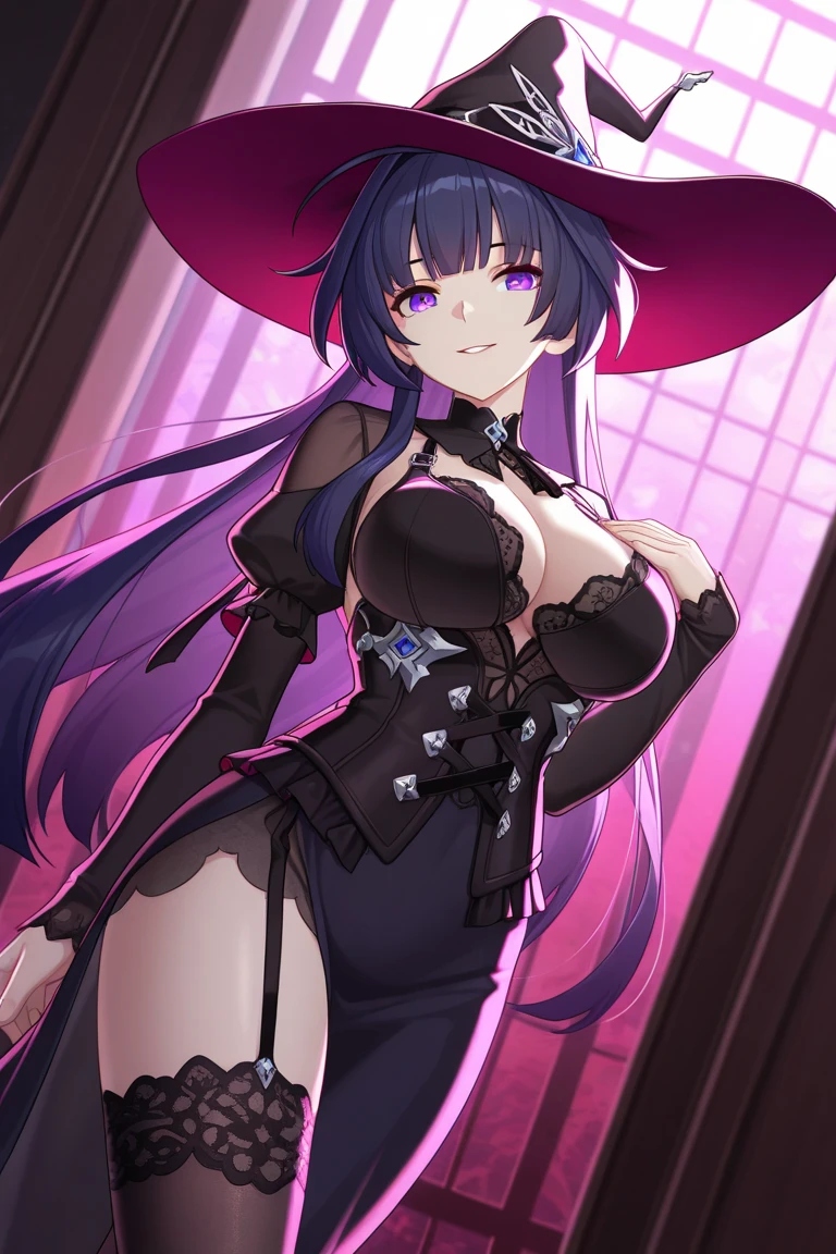 Breasts, witch, purple eyes, blue eyes, long hair, witch hat, shadows, darkness, dark, magic, smile, shirt, pants