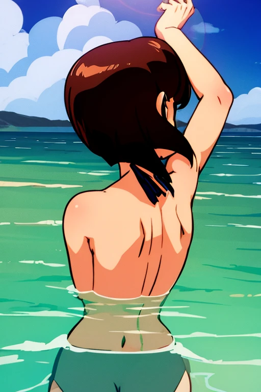 1girl, highly detailed, masterpiece, best quality, correct hands, short black hair, short hair, blue eyes, naked, full body, blushing, small breasts, defined curves, smug smile, satisfied look, ocean background