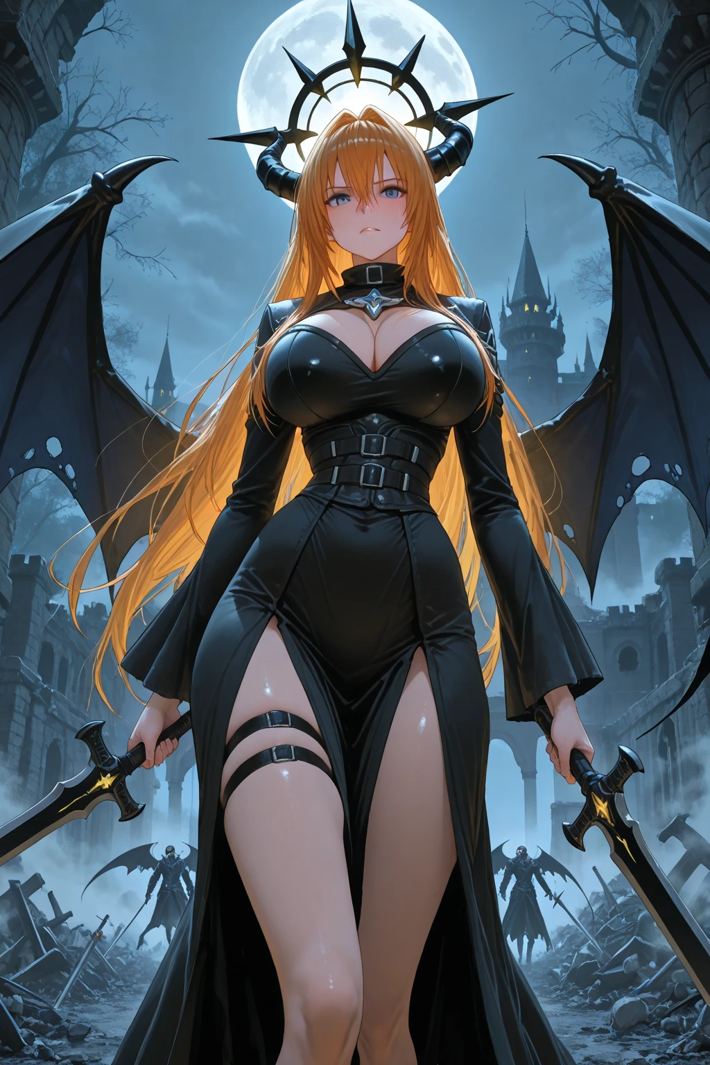 Princess Zelda Rogue, wearing extremely sexy black maid costume with extremely tight white shorts and tight on the body, extremely sensual, ((blood on the body and on the floor)), she has large bat wings, exaggeratedly large breasts, very sensual body, looking at the viewer, smiling, doing sensual pose leaning against a tombstone, short red mohawk hair, sparkling red eyes, macabre graveyard, is at night, fog, skulls on the ground, tombstones, terrifying weather, a full moon in the sky, (((full body))), 16k, UHD, Better quality, better resolution, better detail