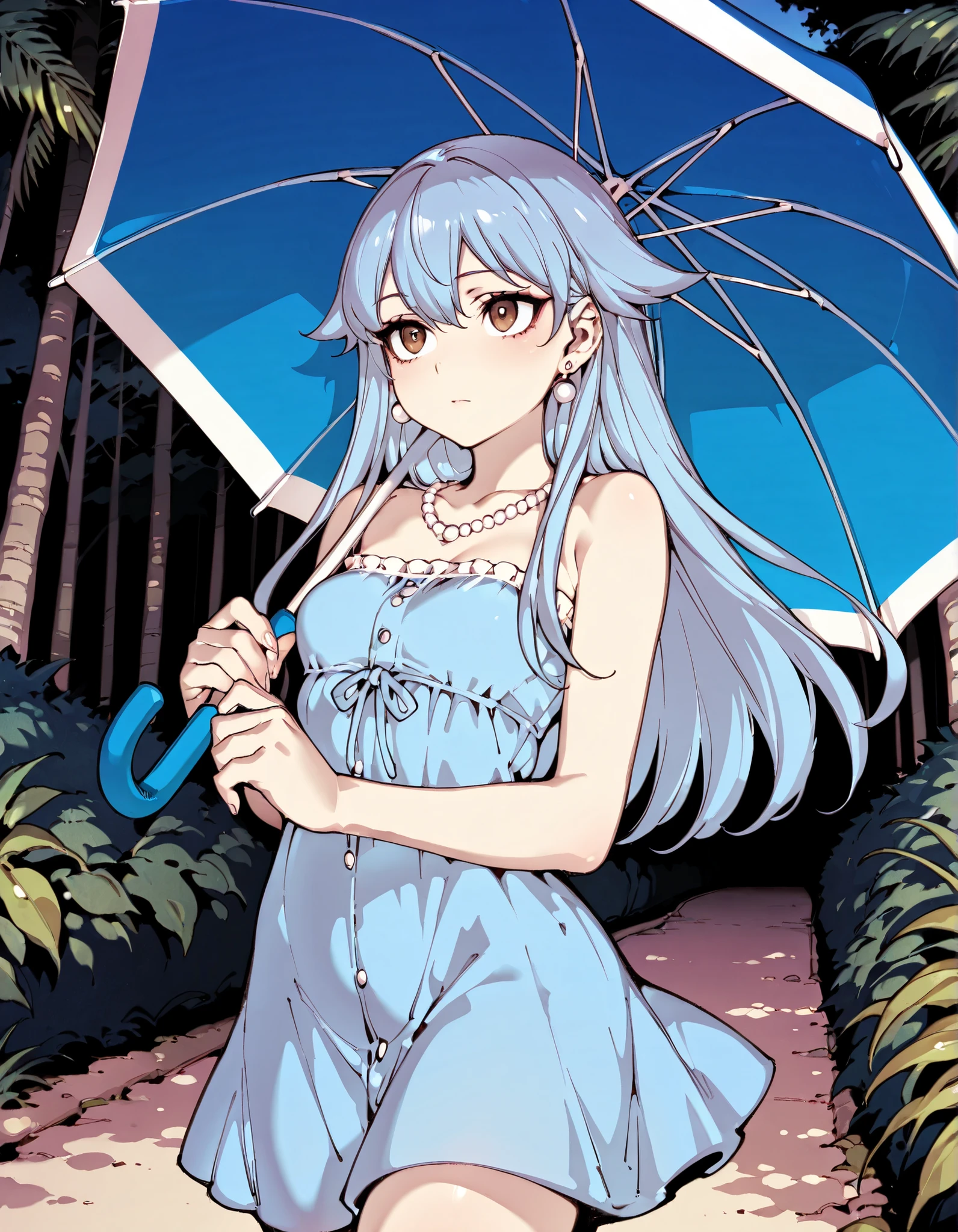 Source_anime, cute female, fishine style, 1girl, solo BREAK 

Light blue hair, long hair, hair flaps, brown eyes, small breasts BREAK 

Blue sundress, bare shoulders, sleeveless, pearl earrings, pearl necklace, collarbone, strapless, blue umbrella BREAK  

Looking at side, cute face, front view, closed mouth, walking, holding 

Outdoors, daytime, tropical forest, tr0p1c4l