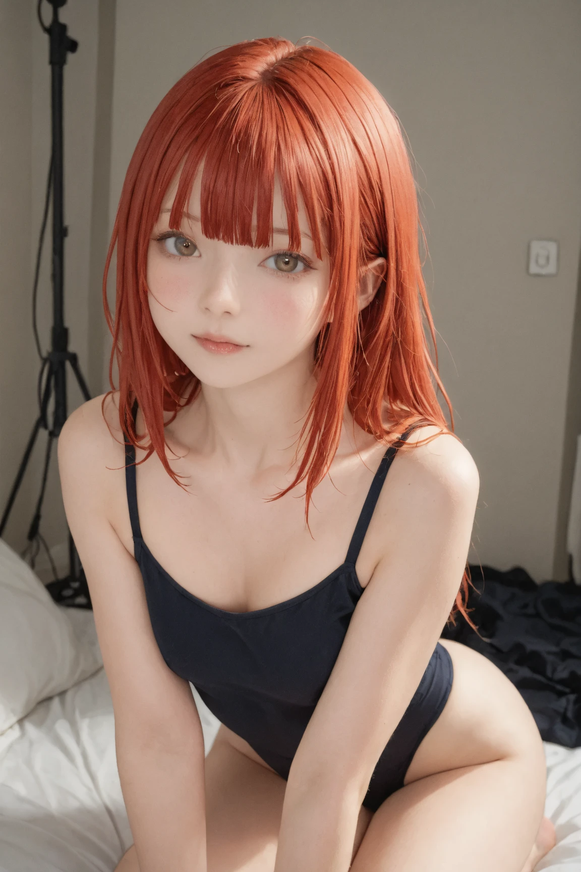 Shyness Girl high resolution Red hair Bob Short Swimwear Lying in bed Open Mouth Small breasts