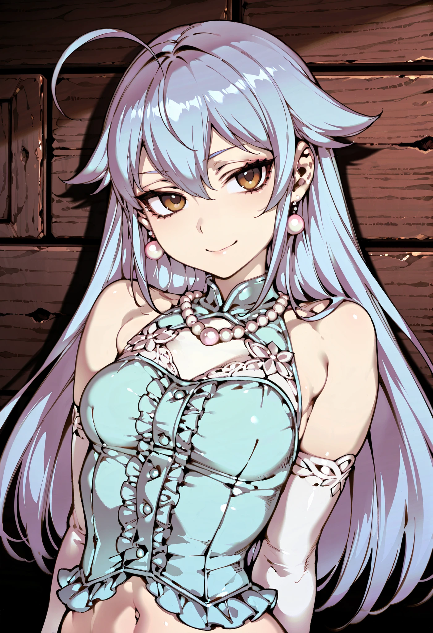 Source_anime, cute female, fishine style, 1girl, solo redhead BREAK 

Light blue hair, long hair, hair flaps, brown eyes, small breasts BREAK 

Frilled shirt, light blue shirt, bare shoulders, sleeveless, pearl necklace, single_ear_pearl_earring, navel, elbow gloves, white gloves, upper body BREAK  

Looking at viewer, smile, closed mouth,

Wood wall, portrait, brown wall, tr0p1c4l