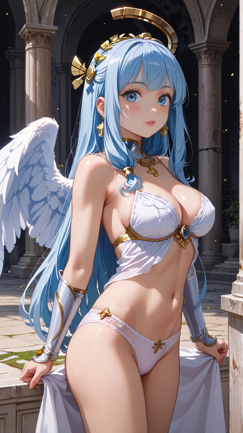 giant girl 50,000 feet high,Weight 1000kg,Have a pair of long legs,Keep your eyes open,Has a pair of huge white angel wings,With huge devil horns on his head,wear a crown on your head,Elf wearing white earrings,She has white hair that reaches her feet,loose hair,Long white wavy hair,Bangs,Wearing a pair of white boots on her feet,White lace gloves,White lace pantyhose,Bow and star embellished tights,白色蕾丝whole body,Sit on a tall building,Beautiful appearance,Exquisite makeup,quality,8k,高quality,Perfect proportion, Cinema lighting,film grain,Fuji colors,8k,textured skin,Super details,high detail,high resolution,fake smile,blood stains,脚底有blood stains,whole body,fat,elf princess,feather,flowers