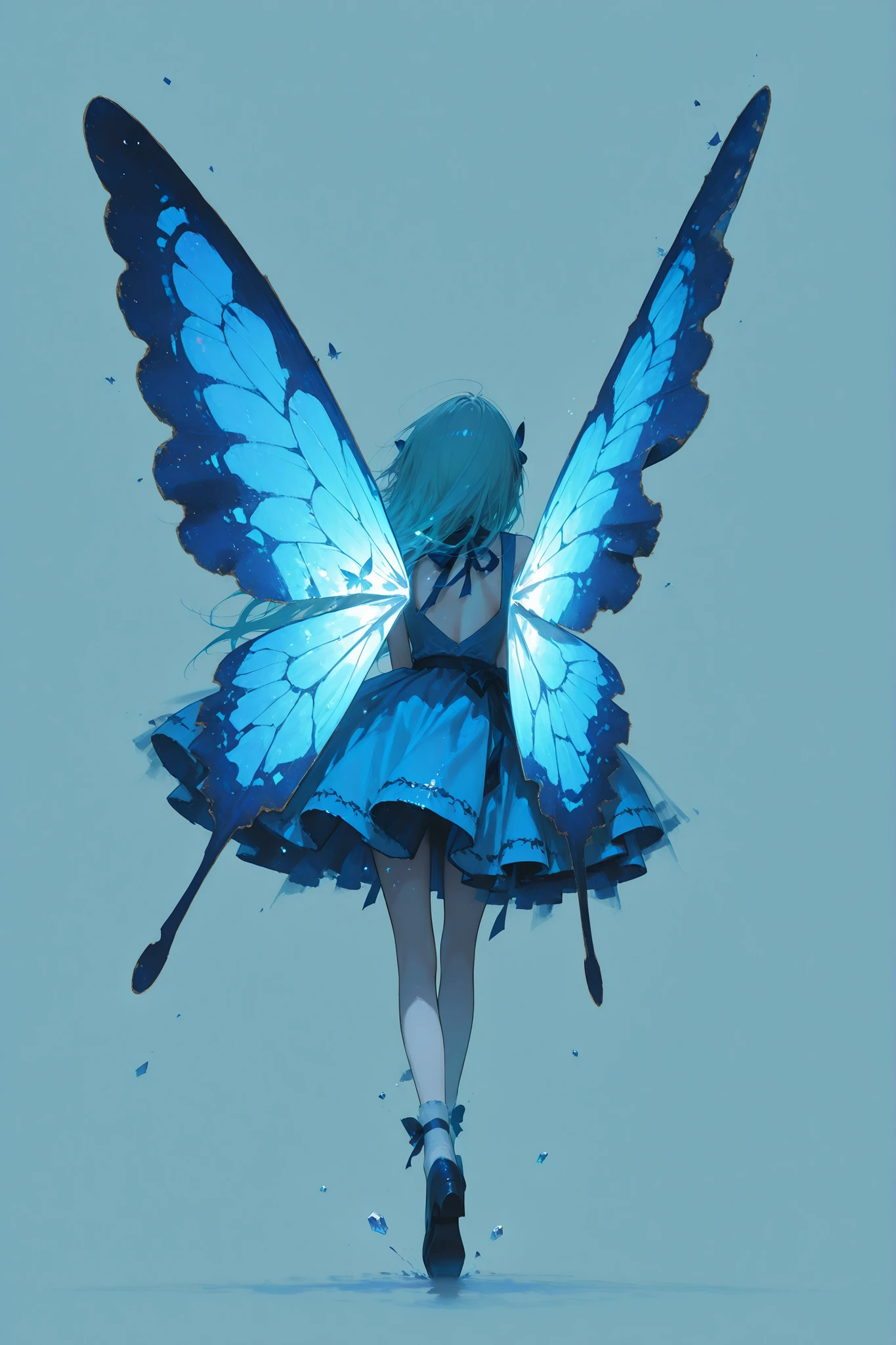 Da Floating Girl、Long hair dancing in the wind、blue dress decorated like translucent butterfly wings、deep outer space、star々Light 、Band of Light Like Aurora、Crystal fragments fly through the air、Dreamy Atmosphere、simple background