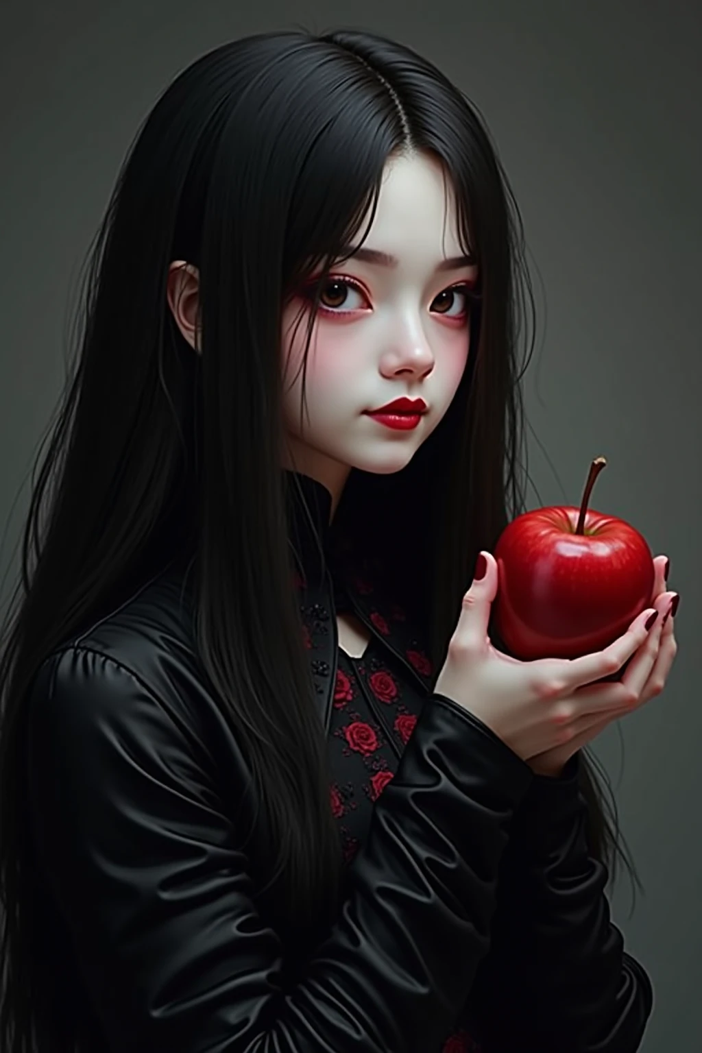 ((RAW photos)，Absurd，(Absurd分辨率))，masterpiece，Best quality，(Extremely Detailed 8k Unity CG Wallpaper)，(Most Best Illustration)，(best shadows)，Realistic lighting，beautiful and detailed brilliance，((21yo))，girl，longblackhair，Black Queen，accessories for girls，Hold an apple，Poison apples，Queen of Witches，red lipsticks，(((Her Photographic Perspective)))