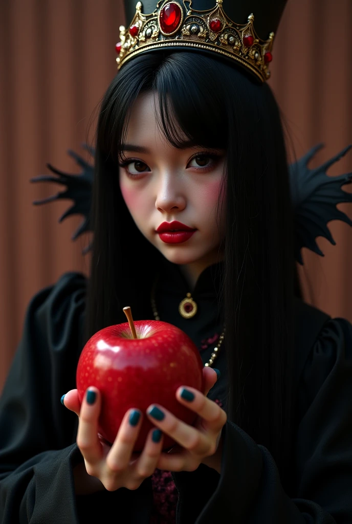 ((RAW photos)，Absurd，(Absurd分辨率))，masterpiece，Best quality，(Extremely Detailed 8k Unity CG Wallpaper)，(Most Best Illustration)，(best shadows)，Realistic lighting，beautiful and detailed brilliance，((21yo))，girl，longblackhair，Black Queen，accessories for girls，Hold an apple，Poison apples，Queen of Witches，red lipsticks，(((Her Photographic Perspective)))
