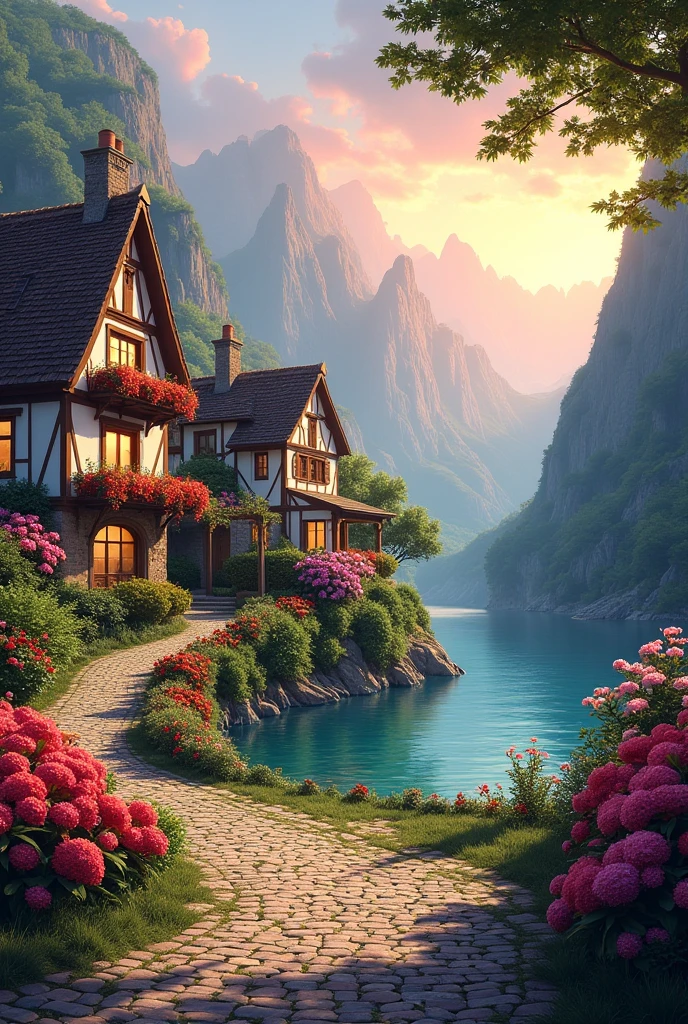 a small village by the river，Background is mountains，Flowers bloom，Brightly colored，Detailed Scenery，Beautiful Natural Scenery，Ambiance Lighting，Burning Sunsets，a warm color palette，utility，utility摄影，Detailed Leaves，Intricate architecture，cobblestone streets，charming country house，Swirling bright colors，dense vegetation，Intricate architecture，picturesque，Relaxed and Quiet，artwork of a，Best quality，8k，Extremely detailed，Anime Style