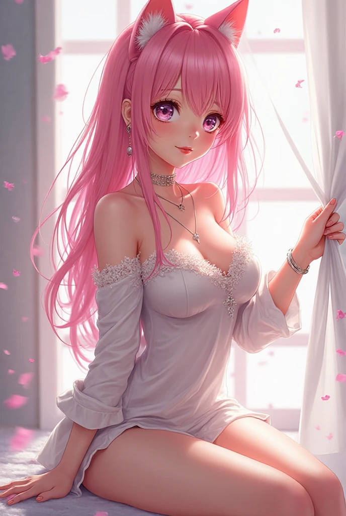1girl, ai-generated, low-tied long hair, clothing cutout, off-shoulder, pink hair, swept bangs, towel around neck, (large breasts), hair bow, sauna scenery, steaming body, blushing, open mouth,
(masterpiece:1.2), (best quality:1.2), (very aesthetic:1.2), (absurdres:1.2), (detailed background),newest,AddXL, safe
