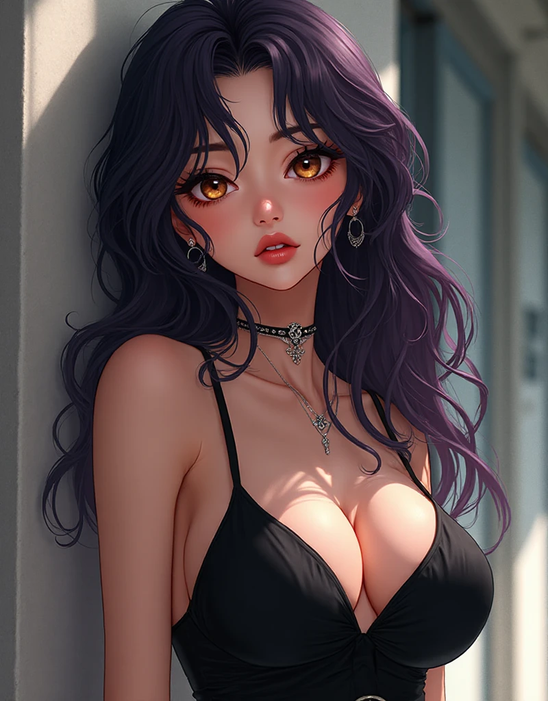 Masterpiece, Realistic Manhwa Art, A Korean girl, One Girl, Looking like an idol , Blushing Hard, Pouting cutely, Looking like she's trying to get someone attention, Eighteen plus years old girl, gyaru type, hot and attractive, big oppai, tall and curvy, hair yellow purple, narrow expression or suspicious expression