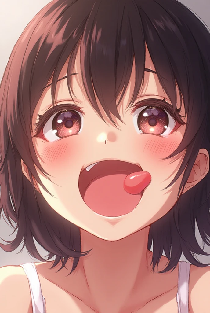girl,Face close-up,Eating a brown ,,Ecstatic expression,Drooling,Her head is held down by a man,morsel,,Eat deliciously, a ,