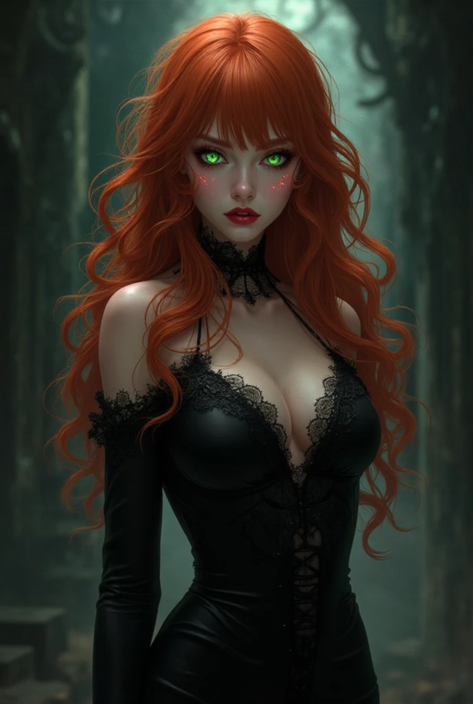 absurdres, highres, ultra detailed, (ultra-detailed background, detailed background), extremly detailed, 1girl, melancholy photo of a red haired demon young female with green eyes and black horns, lace catsuit, desaturated colour, inclement emotions, shot with a Ilford HP5, F/1. 8