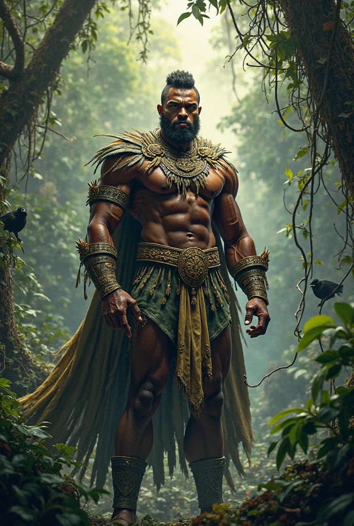 tall strong black man with an amphibian. It has fins and a body covered in scales mixed with skin.