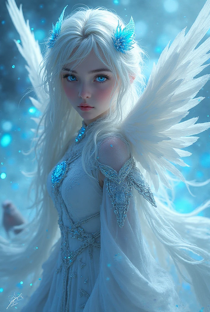 close up, beautiful young girl, white long hair, black eyes, white dress, white owl in the hands, girl holding owl, snowy landscape, 8k, high detailed, high realism, dark fantasy art