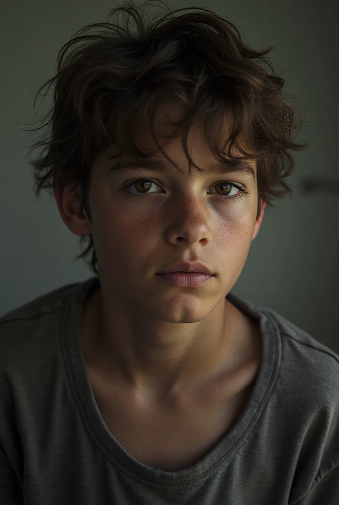 A naked fourteen year old boy, muy hermoso, piel blanca, rasgos finos, light brown eyes, light brown hair, small slanted eyes, mirada seria, mirada triste, desvestido, en la sala de estar, gafas discretas, desnudo, cuerpo completo