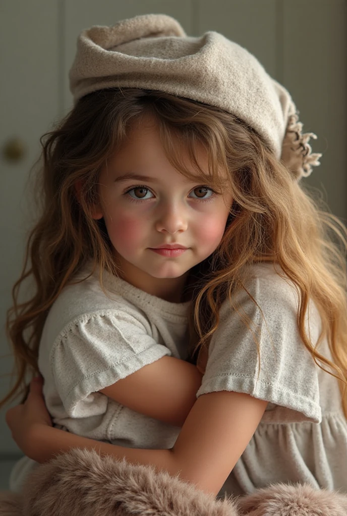 (Modelshoot style), sad homeless little girl ((wearing shabby clothes)), (shy), 1girl, solo, brown curly messy hair, very delicate face, beautiful eyes, [chubby], cute, with rosy cheeks and bright, sad eyes, stunning beauty, (rembrandt lighting), zeiss lens, ultra-realistic, (high detail skin: 1.2), 8k uhd, DSLR, dramatic edge light, High quality, Fujifilm XT3,