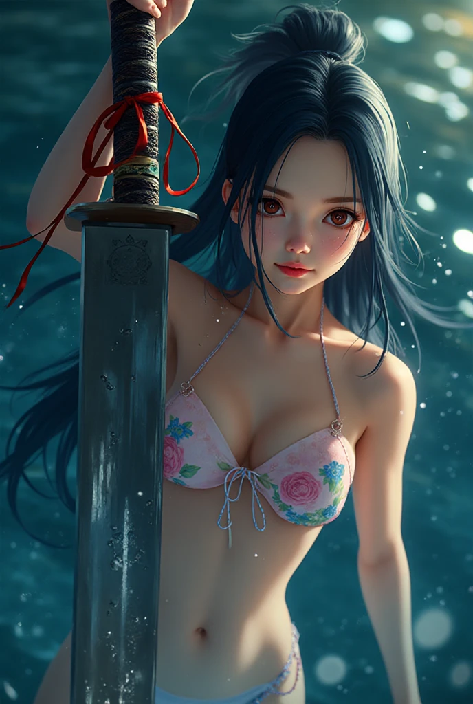 (Best Quality, 8K, Masterpiece: 1.2, Photorealistic: 1.37).a very shy magical beautiful girl with long dark black hair, piercing blue eyes. Dressed as an erotic ninja in miniskirt, wielding a magic sword, scary diabolical world, (EXTREMELY HUGE BREASTS), wide neckline, image of a full-body woman..Description of extreme details, vivid and intense colors, vibrant colors, bright eye,image 3D,breasts 3D,((mejor calidad)), ((obra maestra)), (detallado), ((alta resolución)), photorealistic, hyperrealistic, 8k, highly detailed