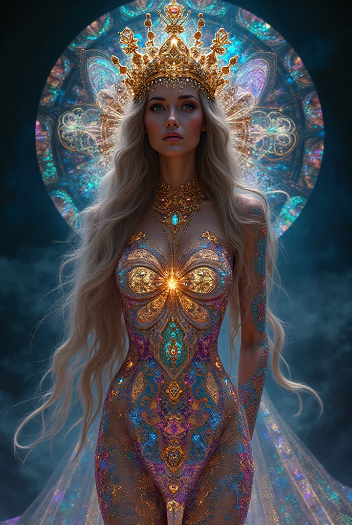 photorealistic painting ((full body)) portrait of ((stunningly attractive)) a woman at a music festival, ((perfect feminine face)), (+long colorful wavy hair), (+glitter freckles), glitter, wearing a dress, intricate, 8k, highly detailed, volumetric lighting, digital painting, intense, sharp focus, art by artgerm and rutkowski and alphonse mucha, cgsociety