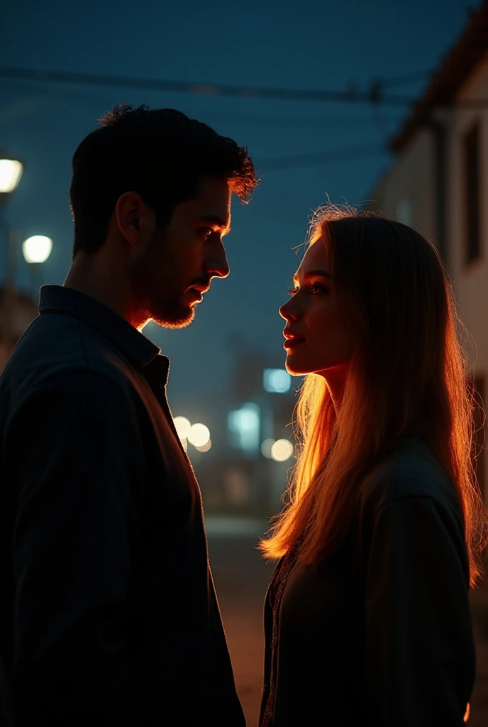 Man with black short hair and blue polo shirt is completely drunk and looks stupidly into the picture Girl with long blond curly hair tries to hold him back is still sober herself both are outside in a dark park in the city realistic
