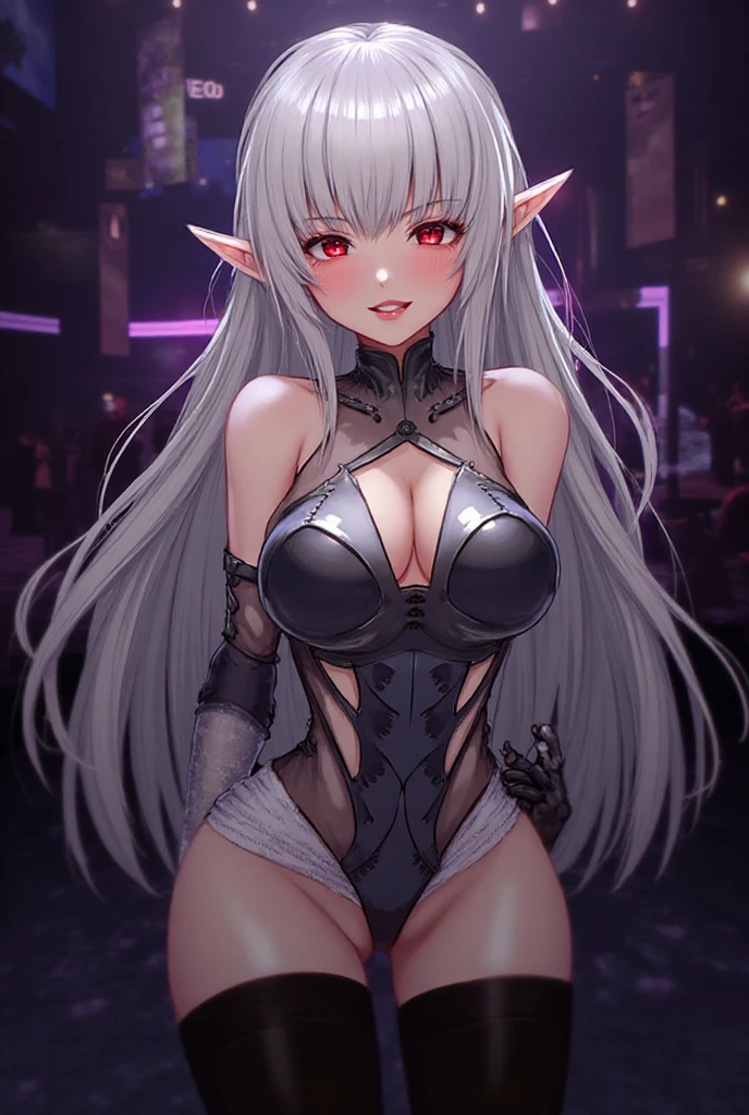 A female Milf demon with long silver hair and purple locks with elf ears and black demonic horns, Yellow eyes of the demon, pupila vertical, rosto maduro e adulto com um sorriso perverso para os espectadores, dentes de vampiro, corpo volumoso com seios e busto enormes, pale skinned, Widow's dress, cidade cyberpunk, cidade futuristica, Particulas roxas, corpo volumoso com seios e busto enormes, Cabelo prateado com mechas roxas ,(yellow demonic eyes), olhos brilhantes, Moda realista, sysie high definition details, fotografia, perspicacity, unique 850 4, Koda850 k portrait camera, Primavera F1.6, cores ricas, Textura super realista, textura de luz espetacular, arte surreal, Cinestil 800 mecanismo de moda.