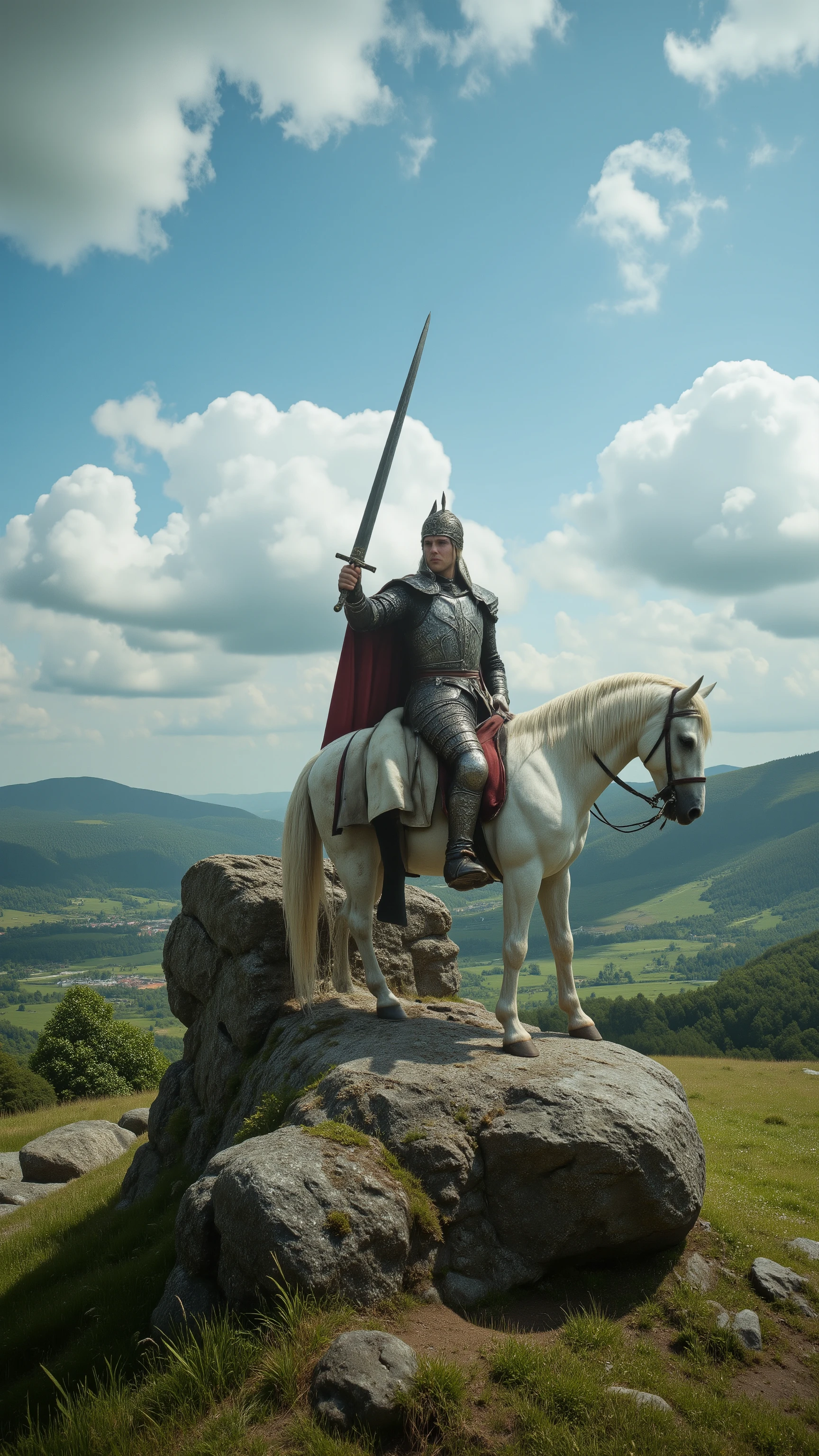highdefinition image、Ancient England、King Arthur pulled the legendary sword on the mountain from the rock。England's beautiful green background、King Arthur with a white horse and sword raised high becomes a legend