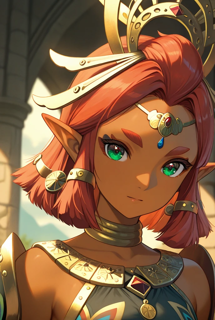 best quality, high resolution, large breasts, red hair, blush, embarrassed, cowboy shot, looking at viewer, Riju, blue lip, ((())), (((off shoulders)))