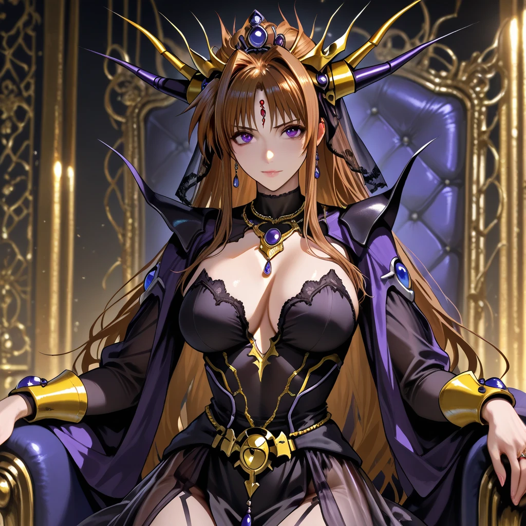 (best quality:1.4), (ultra highres:1.2), (8k, RAW photo:1.2), manhwa-artstyle, 1girl, solo, long hair, looking at viewer, smile, brown hair, yellow eyes, black dress, crossed legs, throne, Perfect Hands, <lora:neg4all_bdsqlsz_xl_V7:0.8>, <lora:Perfect Hands:0.8>,<lora:manhwa-artstyle-000018:0.6>