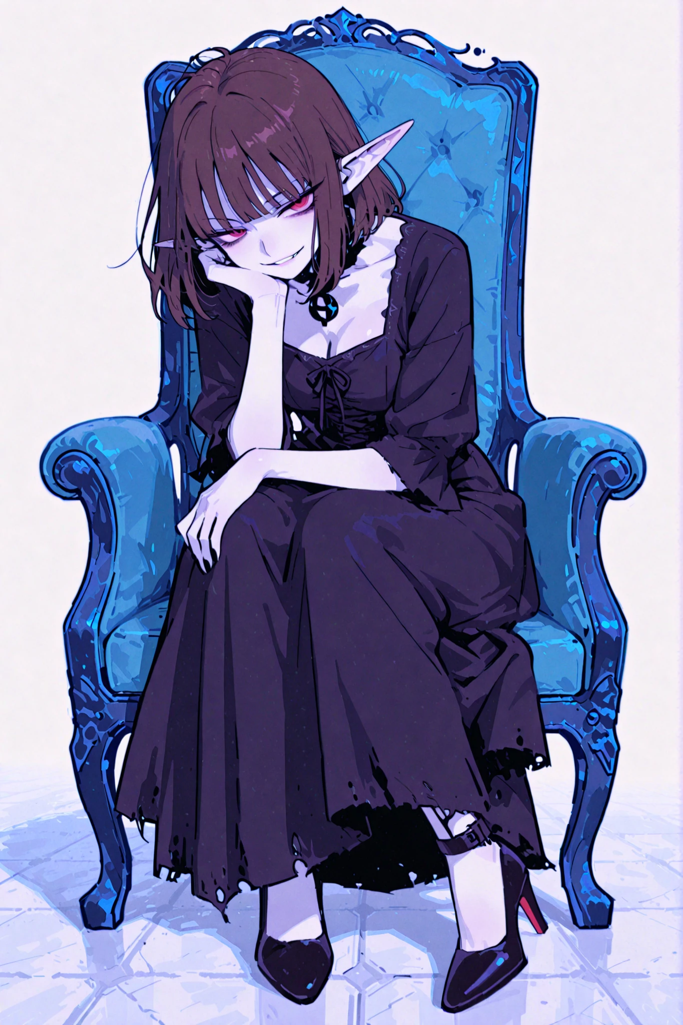 masterpiece , best quality , amazing quality , very aesthetic, woman, white skin, pale skin, tall, rounded elf ear, red eyes, drooping eyes, cold look, white pupil, long messy hair, brown hair, bangs, sharp canines, smirk, black gothic dress, heels, sitting in a chair, relaxed, elegant pose