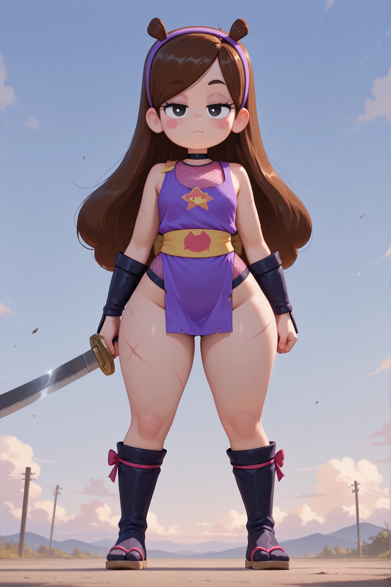 Mabel Pines, blush stickers, brown hair. black eyes. half-closed eyes, small breasts, huge hips. long eyelashes, choker. | 1girl, solo, no lineart, full body, blinking, sidelocks, looking at viewer, rolling kick, straight-on, Sleeveless, thighs exposed, scars, ninja sword, serious face, lady ninja, Japanese mail , bright background , cloudy sky, wind blows, very Tattered clothes, very damaged clothes, Beautiful , best quality,8K,masterpiece


