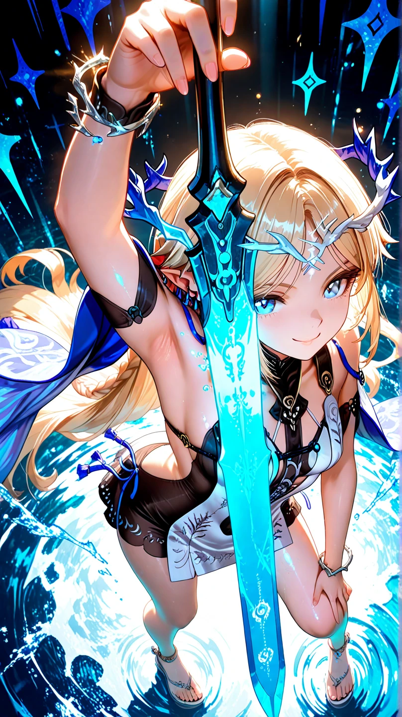 （Game King Card:1.5, rotational symmetry),Stephen Gammell,(cowboy shot),minimalist compositions, sunshine,Female assassin,Exquisite crystal headdress, exquisite light armor，Electroluminescent Wire,Dreamy Glow，conceptual digital art, Azure blue and gray,(Very detailed, reasonable design, Clear lines, High sharpness,best quality, masterpiece, 4K ), blonde, green eyes, hand holding sword