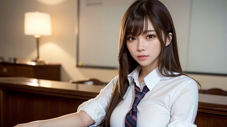 (Best Quality, masterpiece:1.2), (realistic:0.5), (ultra-detailed background, Detailed Background), Bokeh, class room, (sitting on chair), sitting sideways, 1girle,20 yo,Japanese idol, solo, bangs, Brown hair,lovely smile, ( shiny ultra thin  cloth school uniform), pantyhose,  legwear, --auto
