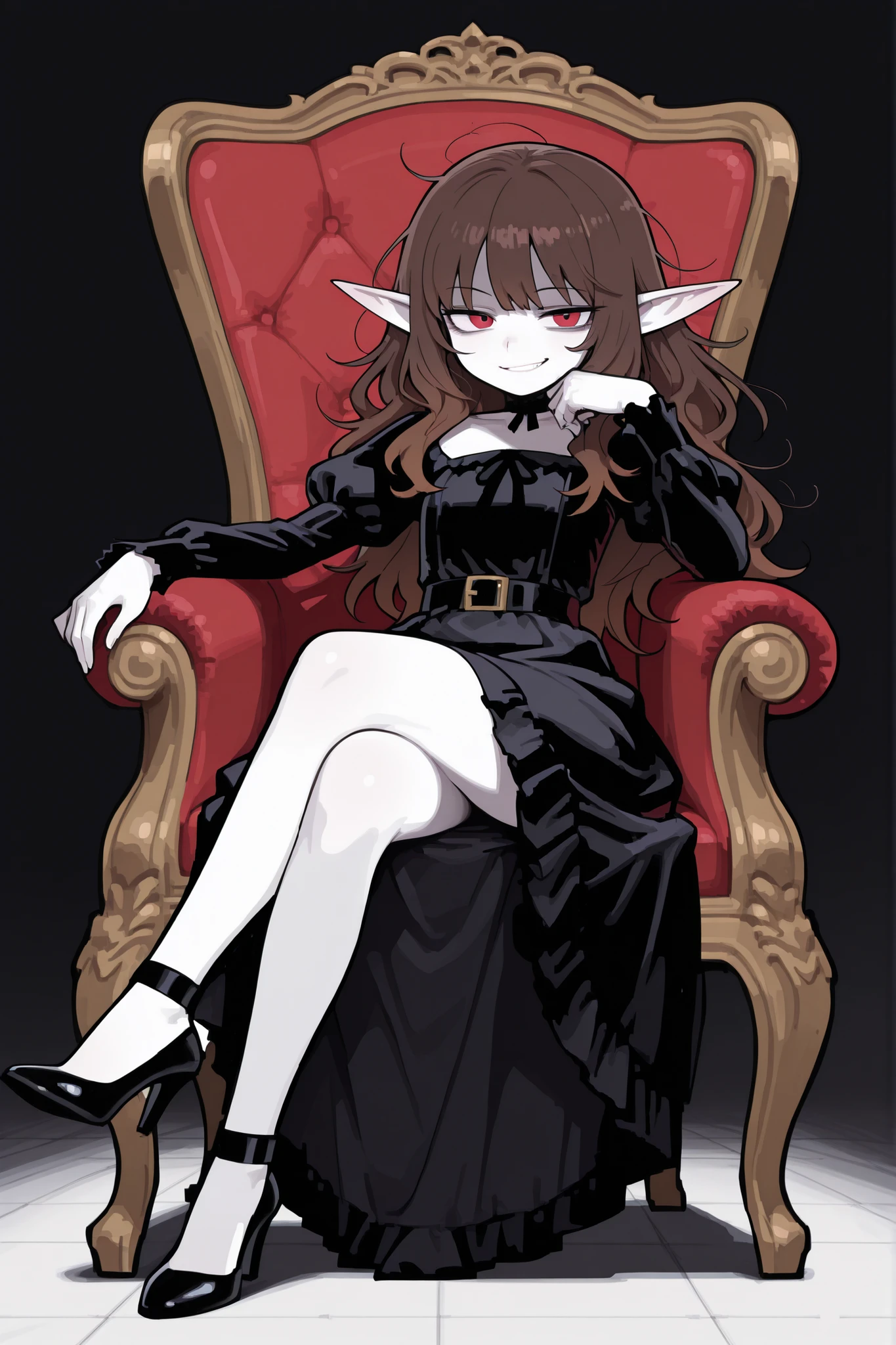 masterpiece , best quality , amazing quality , very aesthetic, woman, white skin, pale skin, tall, rounded elf ear, red eyes, drooping eyes, cold look, white pupil, long messy hair, brown hair, bangs, sharp canines, smirk, black gothic dress, heels, sitting in a chair, relaxed, elegant pose