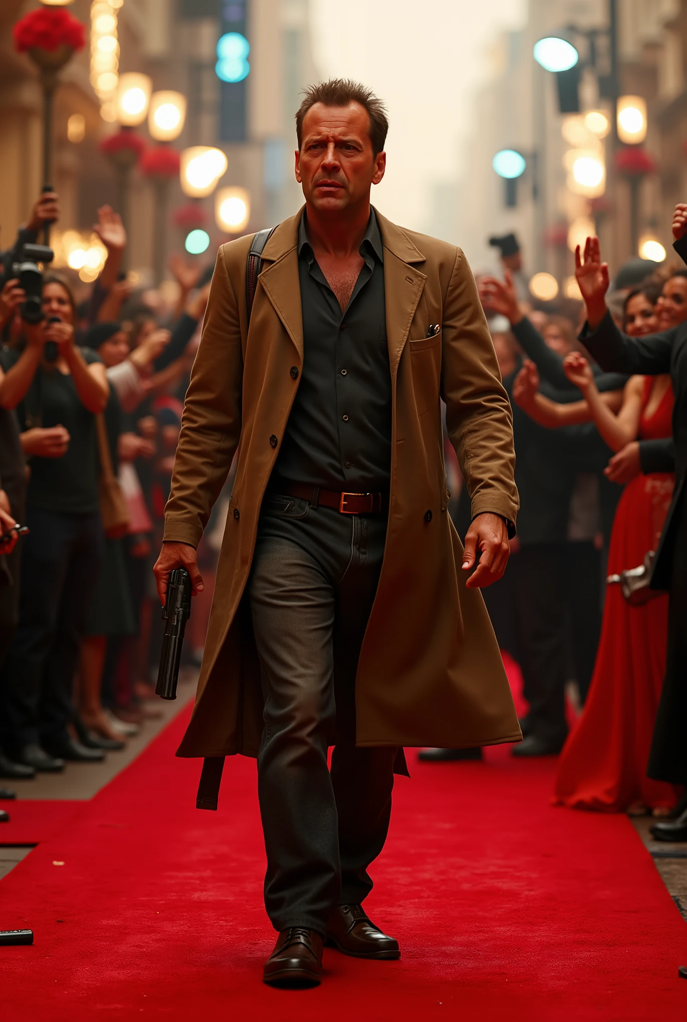 Detective John McClane is holding a gun in his rag clothes on the Hollywood red carpet、Panicked crowd lying down with their hands on their heads、Attendees of actors and actresses running away