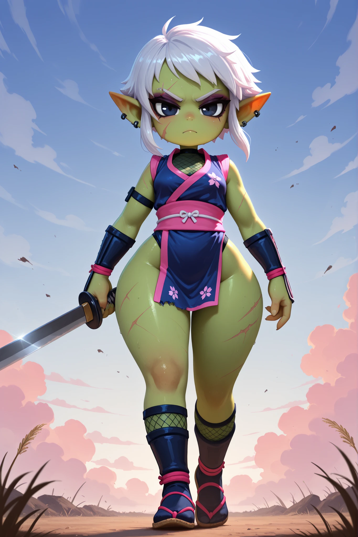 female punk, greasy pink very short hair, black eye , facial piercings, eye makeup, small breasts, meduim hips, (goblin girl:1.0) (shortstack:1.0) (green skin:1.0) (pointy ears:1.0) (wide hips:1.0)| 1girl, solo, no lineart, full body, blinking, sidelocks, looking at viewer, rolling kick, straight-on, Sleeveless, thighs exposed, scars, ninja sword, serious face, lady ninja, Japanese mail , bright background , cloudy sky, wind blows, very Tattered clothes, very damaged clothes, Beautiful , best quality,8K,masterpiece