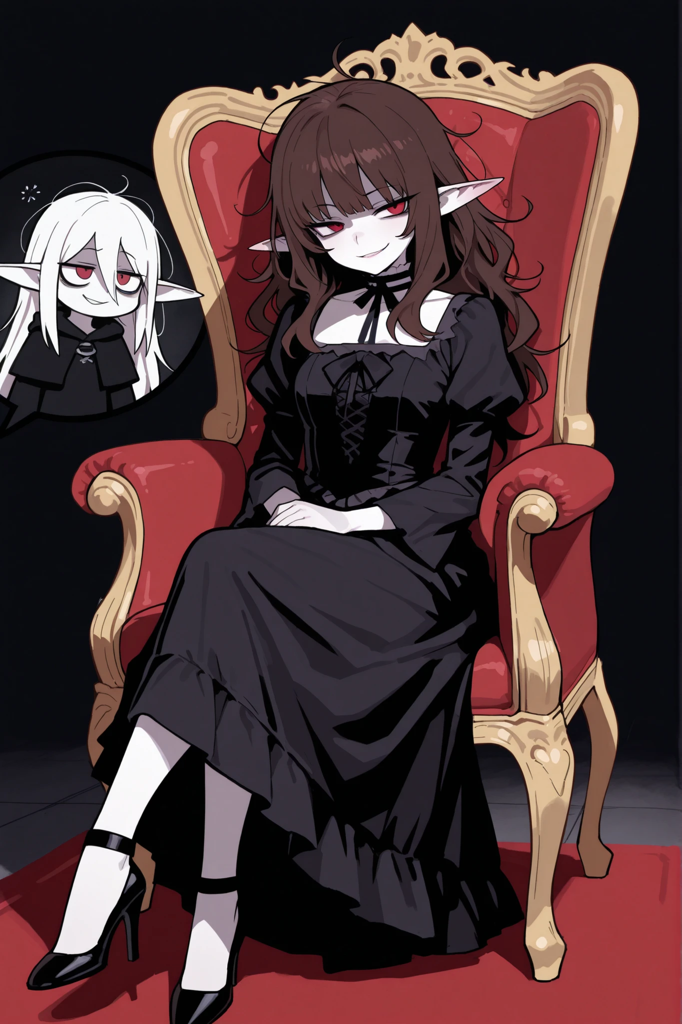 masterpiece , best quality , amazing quality , very aesthetic, woman, white skin, pale skin, tall, rounded elf ear, red eyes, drooping eyes, cold look, white pupil, long messy hair, brown hair, bangs, sharp canines, smirk, black gothic dress, heels, sitting in a chair, relaxed, elegant pose 