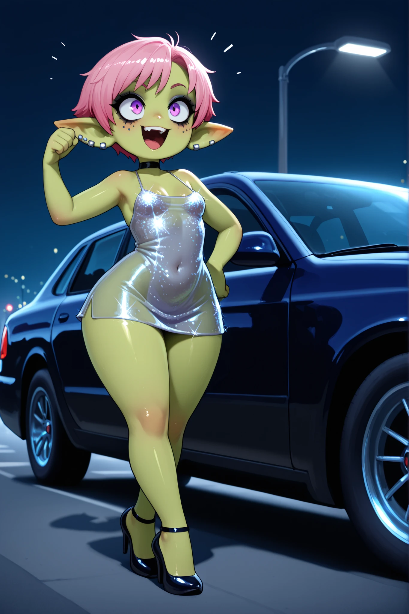 female punk, greasy pink very short hair, black eye , facial piercings, eye makeup, small breasts, meduim hips, (goblin girl:1.0) (shortstack:1.0) (green skin:1.0) (pointy ears:1.0) (wide hips:1.0)| score_9, score_8_up, score_8_up, 1girl, high res image, masterpiece, sequins, see through dress, high heels, standing with legs crossed, black thighs, eyes open, excited, smiling, looking into the distance 1girl, jewelry, high heels, night time, limousine and hedges with lamp lamp posts, high detail, paparazzi , photographers, fans cheering, possmach