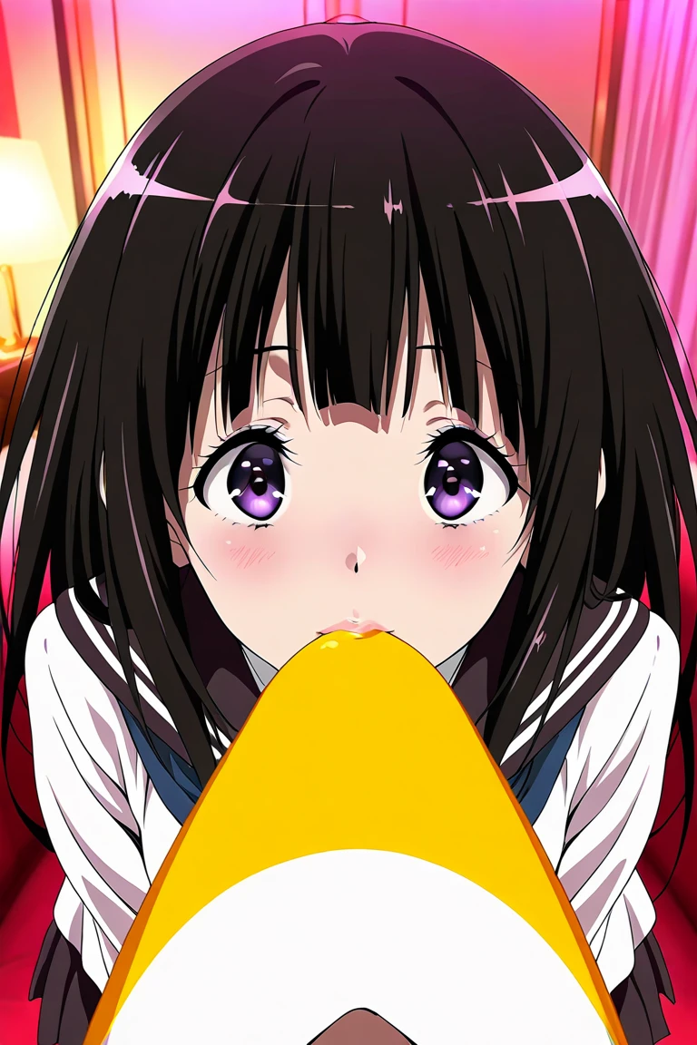 anime screencap, core_9,score_8_up,score_7_up, source_anime, araragi karen,black hair,ahoge,black eyes,side ponytail,egg hair ornament,upper_body, medium breasts, yellow hooded track jacket,bakemonogatari style, blowjob, penis in mouth, saliva, half-closed eyes, blush, large penis, living room, tv, table, tissue box, used tissues, crumpled tissues, trash bin full of tissues, fellatio,1boy, penis, wet penis, deep throat, cheek bulge, cheek poke, pov, headpat,