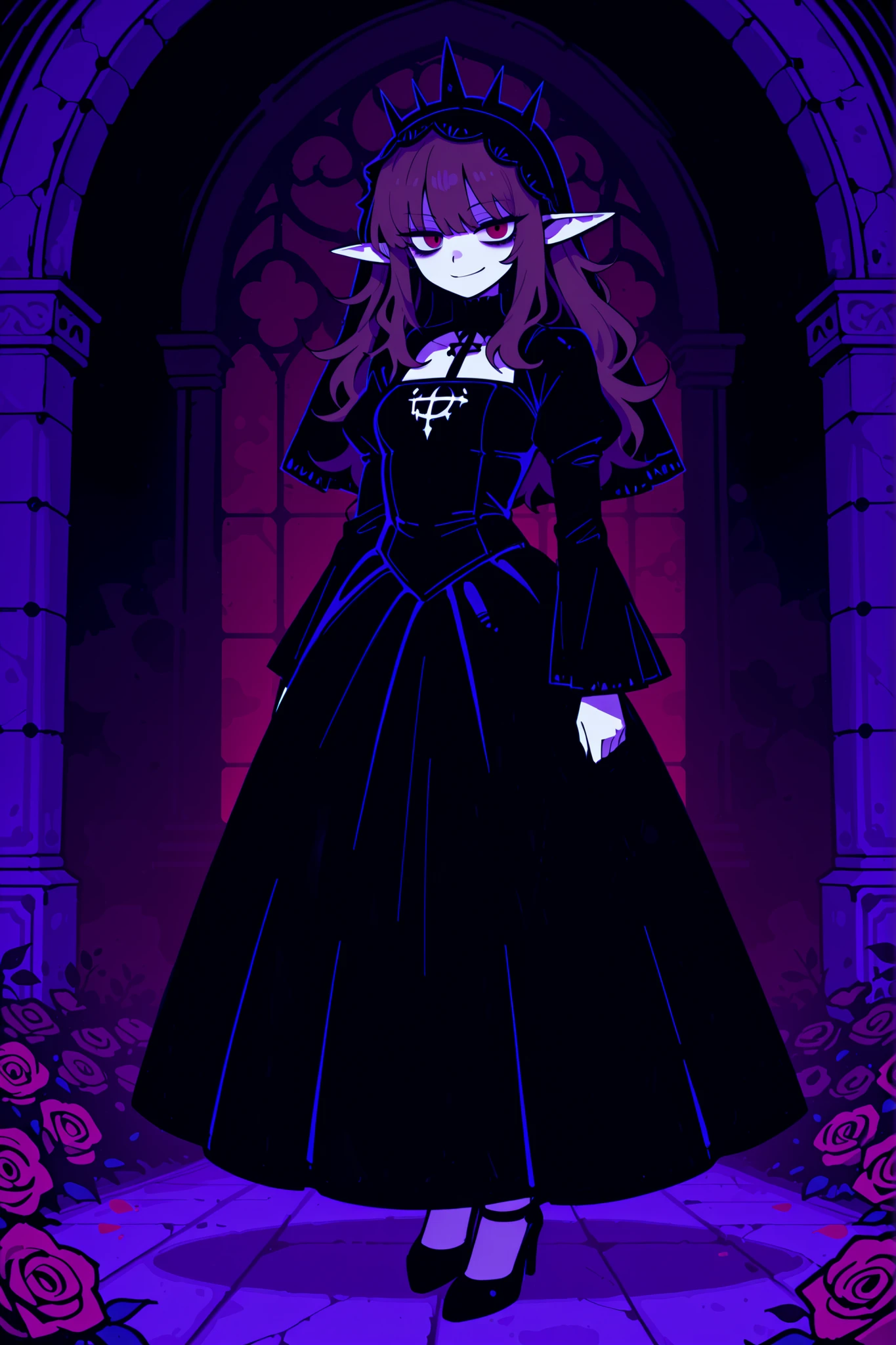 masterpiece , best quality , amazing quality , very aesthetic, woman, white skin, pale skin, tall, rounded elf ear, red eyes, drooping eyes, cold look, white pupil, feline pupil, long messy hair, brown hair, bangs, sharp canines, smirk, black gothic dress, black veil, heels, background magical castle, roses
