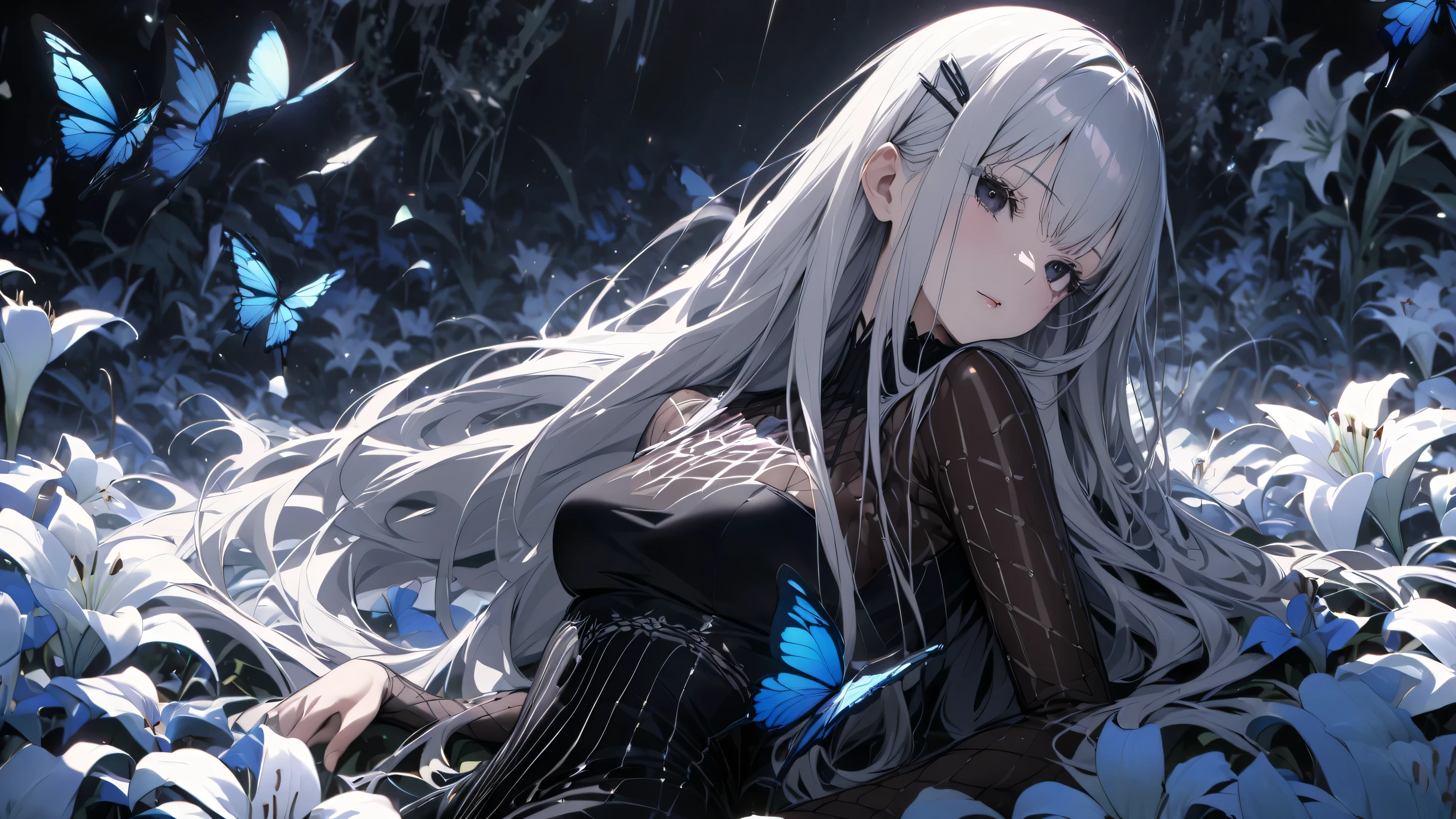 lay on flowers , alone , the Greedy Witch Echidna , silver long thick bushy eyelashes, silver shining glossy silky straight hair, vivid and seductive expression, captivating large black eyes, beautiful eyes , wearing jet black tight long dress, blue butterfly hair clip, superlative great body proportion,  small breast , transparent, lily field , background sanctuary , professional and perfect composition, extremely delicate depiction, extremely clear image, various effects, bold and dynamic, contrasts of light and shadow, ultra detailed, absolutely resolution, masterpiece