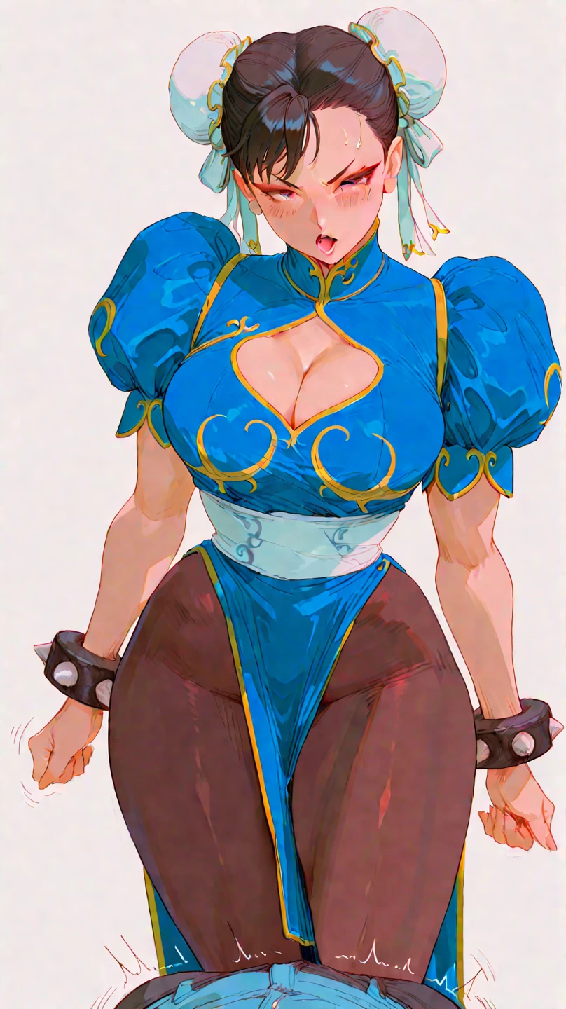 1girl, (standing alone:1.2), (Standing:1.looking-into-camera:1.3), (cowboy shot:1.5), sorrido, glad, at ease, (Curvy:1.3), (breasts big:1.2), flat stomach, (master part:1.3), (best quality:1.Perfect Anatomia:1.4), highy detailed, Fumio, linear sketch, pastel hues, glossy, filmic grain, (Curvy:1.3), (breasts big:1.3), Broad Hips, narrow waisted, (flat stomach:1.2), chun li, eyes browns, short hair, brown hair, double bun, White Coke Cover, blue dress, pelvis curtain, spiked bracelet, tape, brown pantyhose, flat background, from above view, leaning forward, perspective