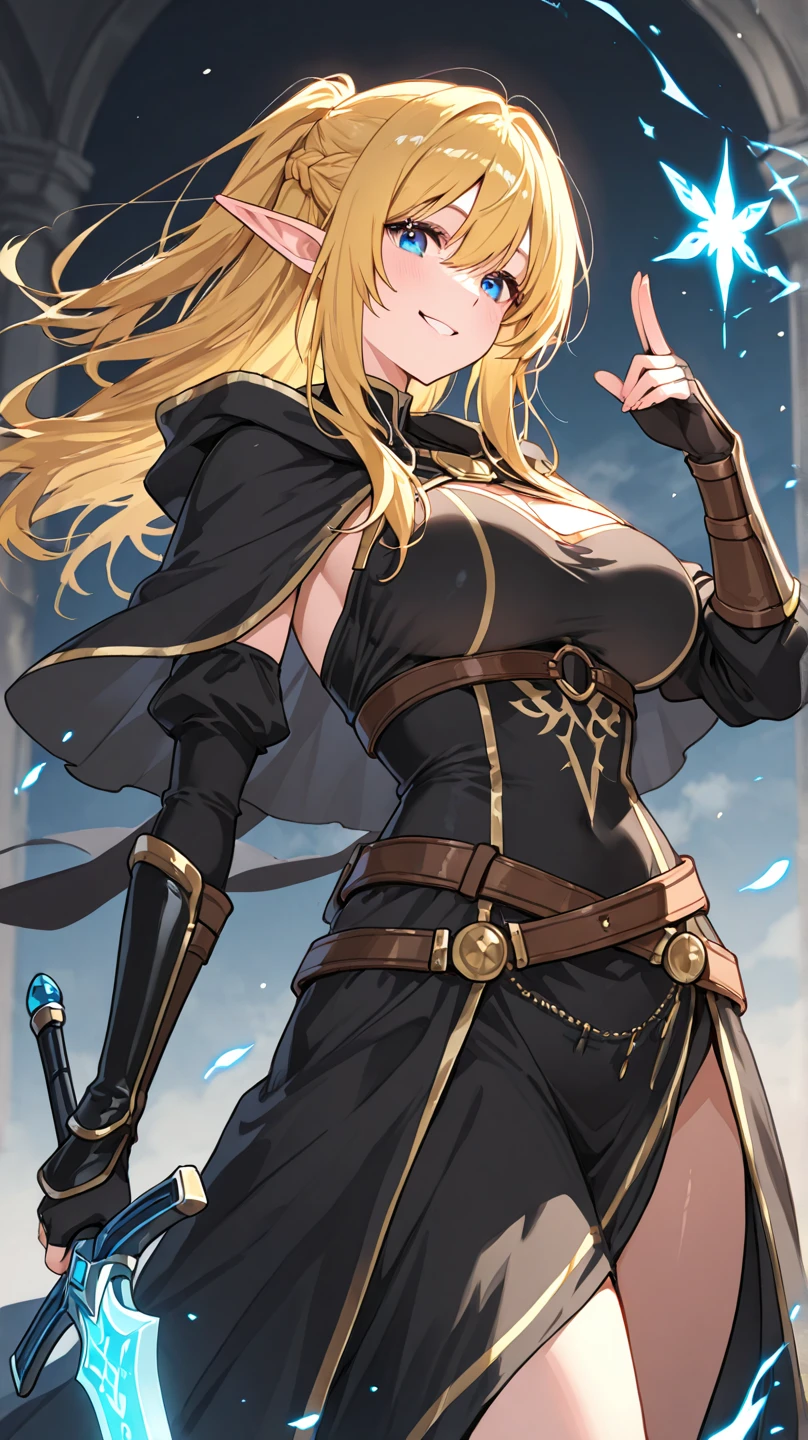 masterpiece,best quality,kim_kwang_hyun, 1girl, Yang Xiao Long, solo, large Long messy curly hair, large huge breasts, looking at viewer, blue eyes, yellow-green hair, Large Long messy curly hair,bangs, large big breasts, long sleeves, dress, cleavage, closed mouth, weapon (((Double-bladed sword), puffy sleeves, arm up, clothing cutout, copyright name, red dress, cleavage cutout, juliet sleeves , power armor, shoulder armor, large Long messy curly hair,yellow eyes, angry eyes, coy Smile