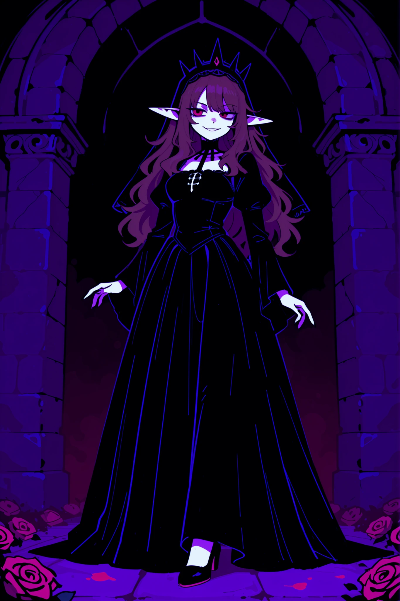 masterpiece , best quality , amazing quality , very aesthetic, woman, white skin, pale skin, tall, rounded elf ear, red eyes, drooping eyes, cold look, white pupil, feline pupil, long messy hair, brown hair, bangs, sharp canines, smirk, black gothic dress, black veil, heels, background magical castle, roses