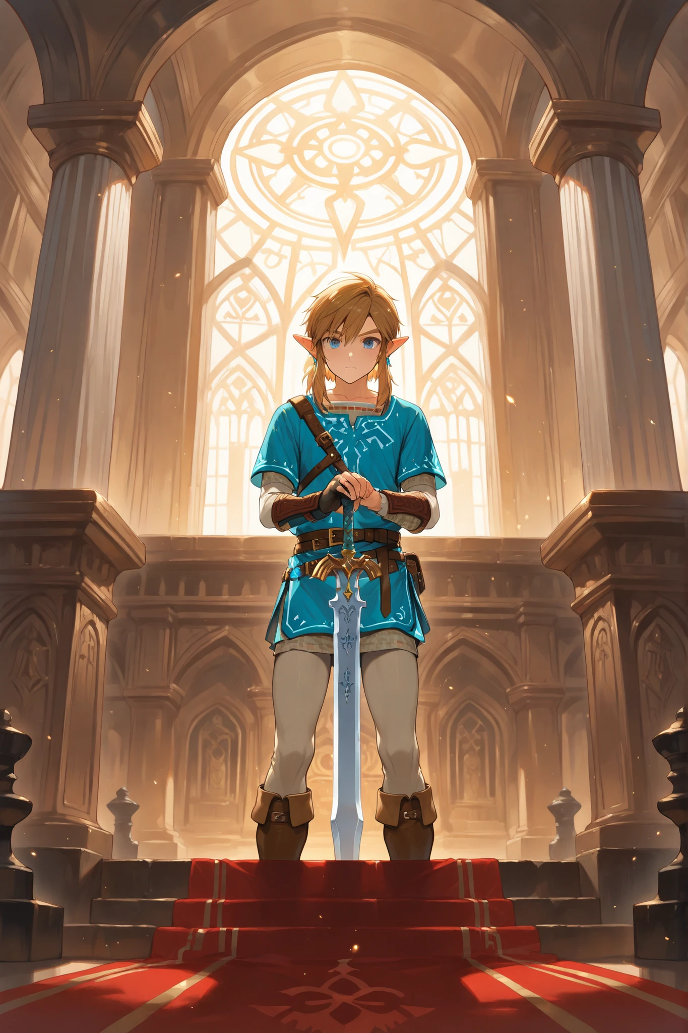 1 boy,((link)),(male focus:1.2)、((Ultra detailed))、score_9, score_8_up, score_7_up, score_6_up, ((8k)),(zPDXL2), ((masterpiece)), ((best quality)), ((highest quality)), (highres), (absurdres), ((extremely detailed)),  (inside the sacred temple:1.2),(The sacred sword is embedded deep in the pedestal),(holding a sword hilt:1.3)