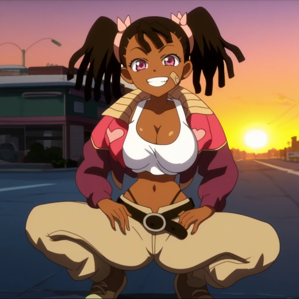 1girl, dark-skinned girl, solo, large black afro hair, wearing a seamless zipperless fully pink Nylon outfit with pink leggings, pink long sleeve tight0fitting Nylon shirt, no logos, long afro hair, green eyes, large ring earrings, smile, jewelry, looking at the viewer, earrings, Black hair,