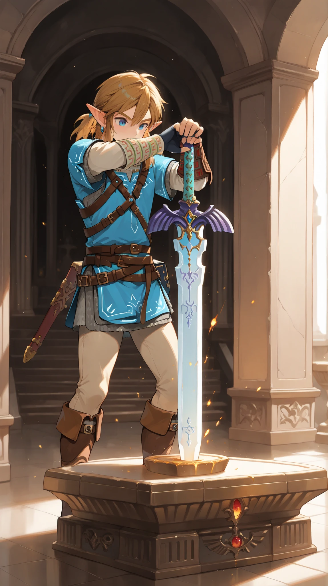 1 boy,((link)),(male focus:1.2)、((Ultra detailed))、score_9, score_8_up, score_7_up, score_6_up, ((8k)),(zPDXL2), ((masterpiece)), ((best quality)), ((highest quality)), (highres), (absurdres), ((extremely detailed)),  ,(The sacred sword is embedded deep in the pedestal:1.4),(Link is holding a sword hilt:1.3),inside the sacred temple